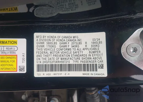 2024 Honda Civic Sport из США, поврежденный, VIN 2HGFE2F5XRH567210